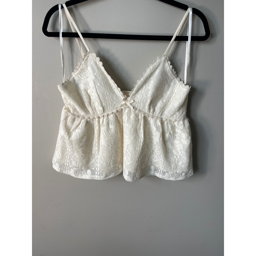 Monteau Los Angeles Ivory Floral Lace Babydoll Camisole Top V-Neck Size L 202710